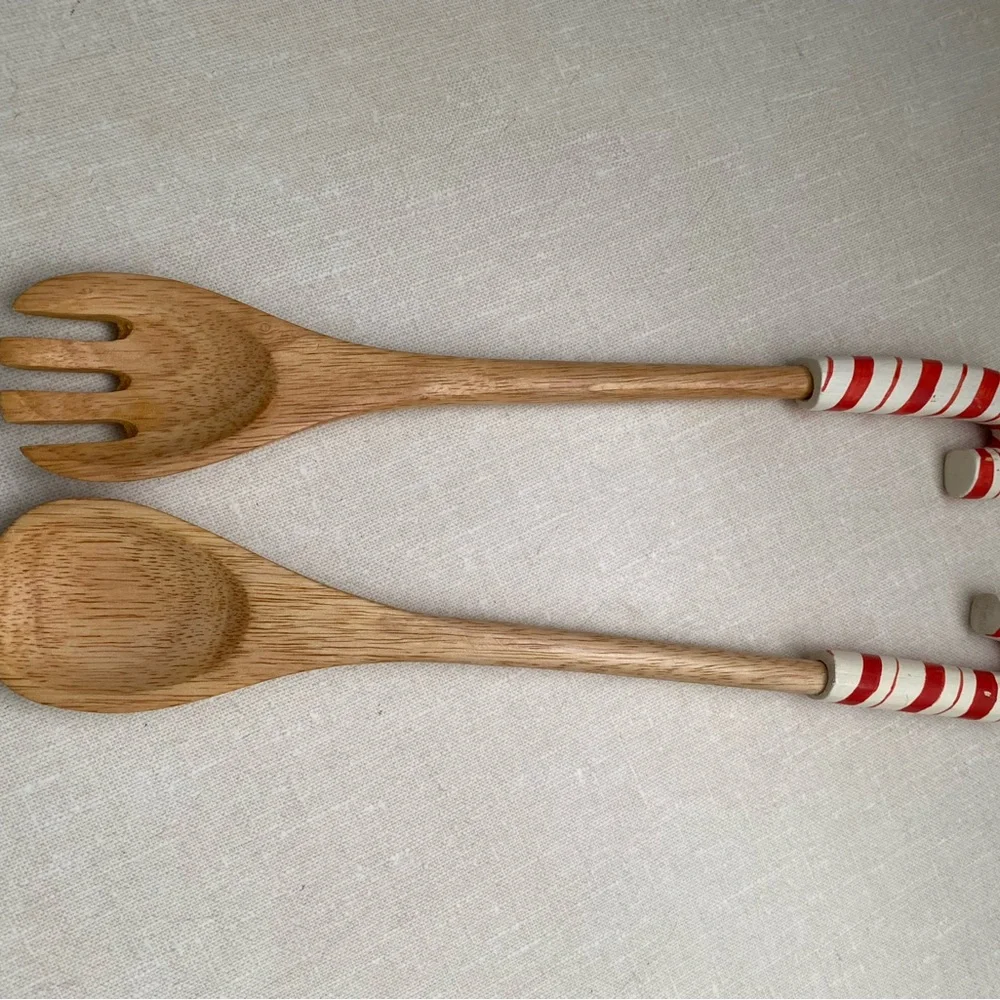 Vintage Christmas Wooden Salad Servers spoons with‎ Candy Cane Handles